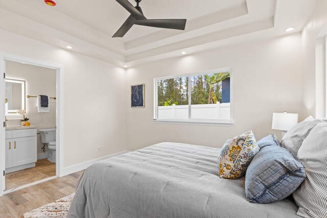 16-2072 Bamboo Dr, Pahoa, HI 96778 - bedroom with recessed lighting, a raised ceiling, ensuite bathroom, baseboards, and a ceiling fan