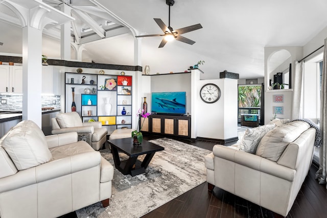 73-1238 Kaiminani Dr, Kailua-Kona, HI 96740 - living room featuring a ceiling fan, dark wood finished floors, and baseboards