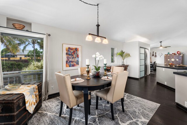 73-1238 Kaiminani Dr, Kailua-Kona, HI 96740 - dining area with dark wood finished floors, baseboards, and ceiling fan