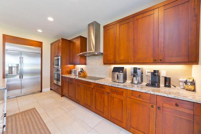 78-120 Holuakai St, Kailua-Kona, HI 96740 - kitchen with wall chimney range hood, built in appliances, backsplash, light stone counters, and recessed lighting