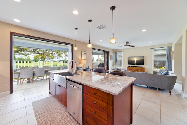 78-120 Holuakai St, Kailua-Kona, HI 96740 - kitchen with stainless steel dishwasher, a sink, a kitchen island with sink, decorative light fixtures, and light stone counters