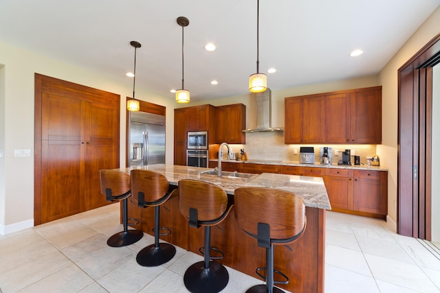 78-120 Holuakai St, Kailua-Kona, HI 96740 - kitchen with wall chimney exhaust hood, built in appliances, a sink, backsplash, and light stone counters