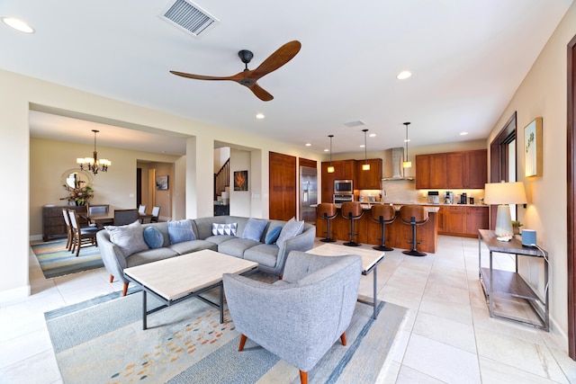 78-120 Holuakai St, Kailua-Kona, HI 96740 - living area featuring ceiling fan, light tile patterned flooring, recessed lighting, and a chandelier