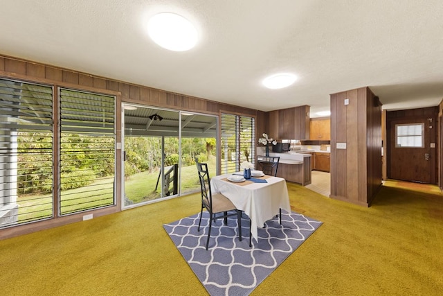 27-296 Kaieie Rd, Papaikou, HI 96781 - dining room with light carpet, wooden walls, and a textured ceiling
