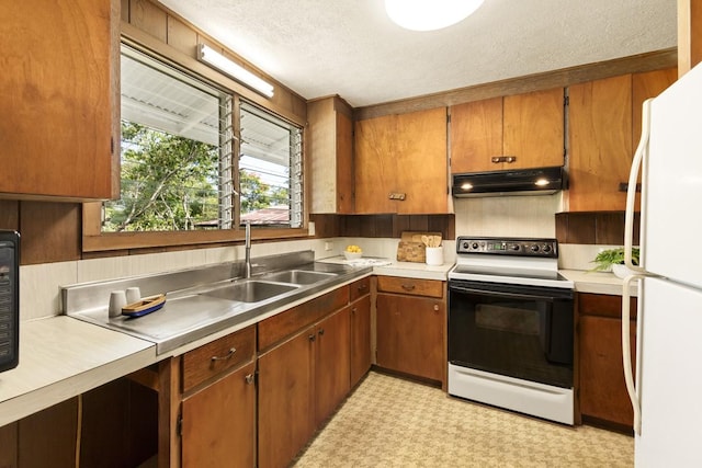 27-296 Kaieie Rd, Papaikou, HI 96781 - kitchen featuring electric stove, under cabinet range hood, freestanding refrigerator, a sink, and light countertops