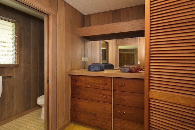 27-296 Kaieie Rd, Papaikou, HI 96781 - bathroom featuring toilet, vanity, wooden walls, a heating unit, and a textured ceiling