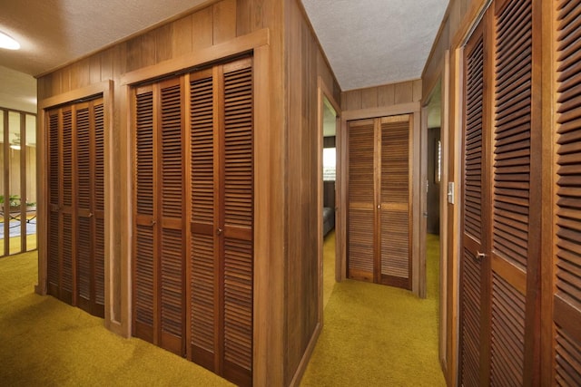27-296 Kaieie Rd, Papaikou, HI 96781 - hallway with a textured ceiling, carpet flooring, and wooden walls