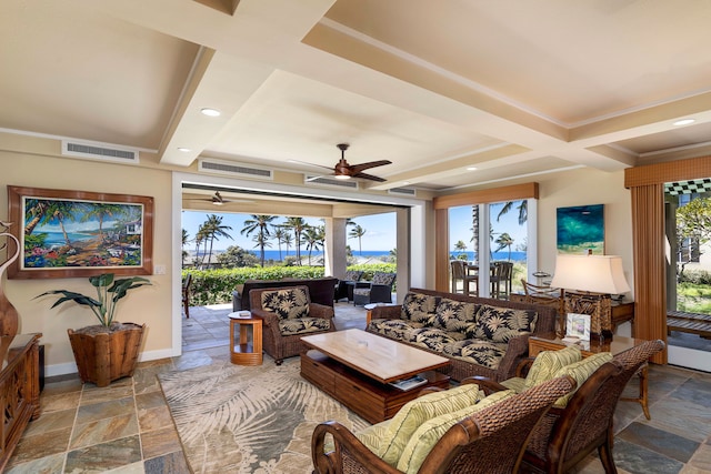 62-3600 Amaui Pl Unit F102, Kamuela, HI 96743 - living room with stone tile flooring, a ceiling fan, coffered ceiling, beam ceiling, and baseboards