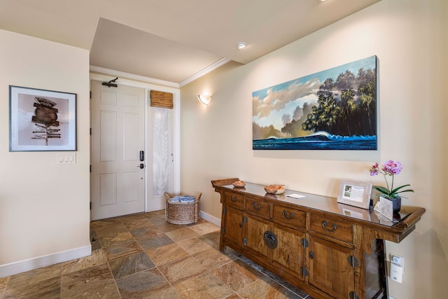 62-3600 Amaui Pl Unit F102, Kamuela, HI 96743 - foyer with baseboards, stone tile flooring, and crown molding