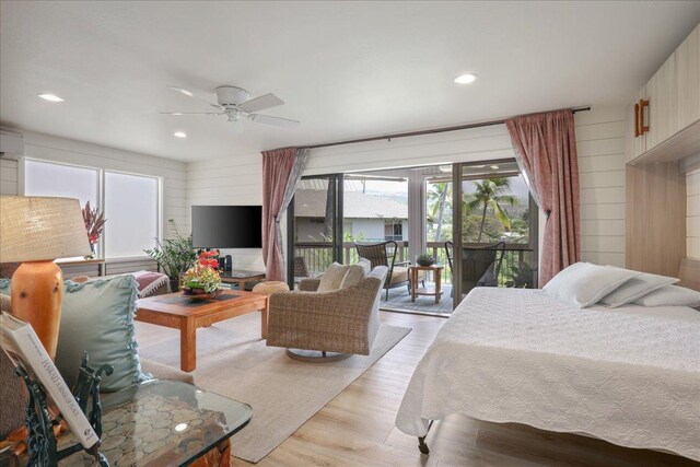 78-261 Manukai St Unit 3403, Kailua-Kona, HI 96740 - bedroom featuring access to exterior, multiple windows, light wood-style floors, recessed lighting, and ceiling fan