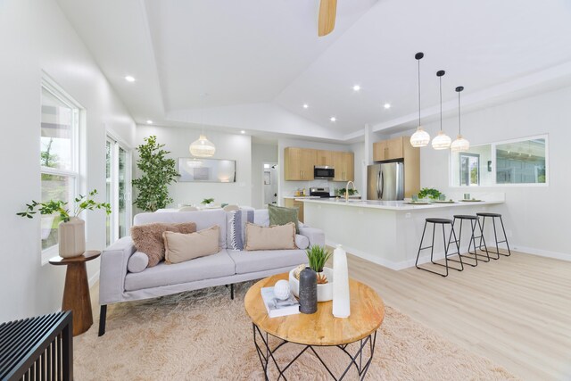 16-2050 Coconut Dr, Pahoa, HI 96778 - living room with light wood finished floors, recessed lighting, and lofted ceiling