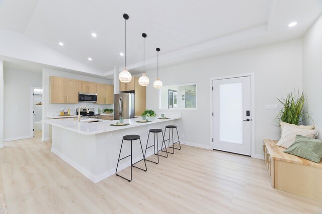 16-2050 Coconut Dr, Pahoa, HI 96778 - kitchen with appliances with stainless steel finishes, light wood-style floors, light countertops, a breakfast bar, and hanging light fixtures