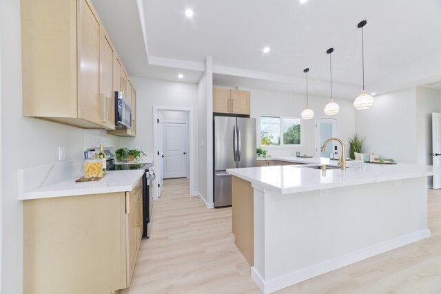 16-2050 Coconut Dr, Pahoa, HI 96778 - kitchen featuring appliances with stainless steel finishes, light brown cabinetry, a large island with sink, light countertops, and recessed lighting