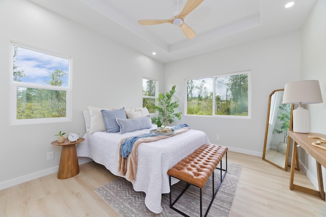 16-2050 Coconut Dr, Pahoa, HI 96778 - bedroom with a raised ceiling, light wood-style flooring, recessed lighting, and ceiling fan