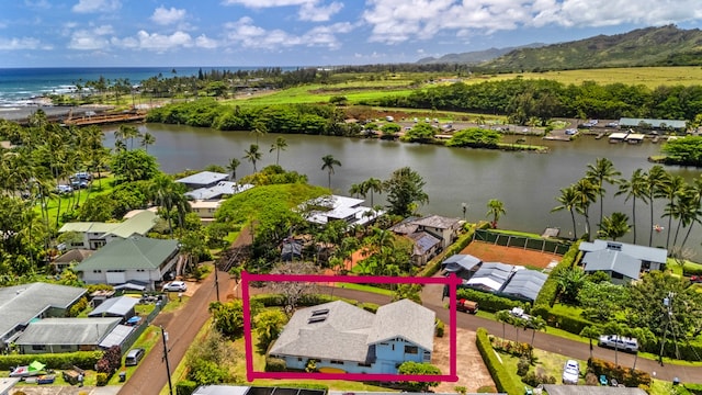 4620 Anolani St, Kapaa, HI 96746 - aerial perspective of suburban area with a water and mountain view and property boundaries highlighted