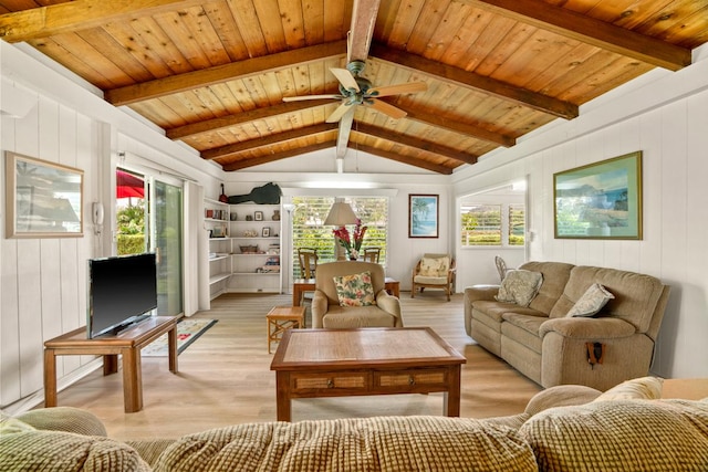 4620 Anolani St, Kapaa, HI 96746 - living room featuring wood ceiling, light wood-style flooring, a ceiling fan, and wood walls