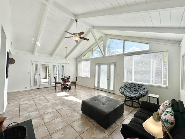 15-240 N Puni Makai Loop, Pahoa, HI 96778 - living area with french doors, light tile patterned flooring, ceiling fan, baseboards, and wooden ceiling