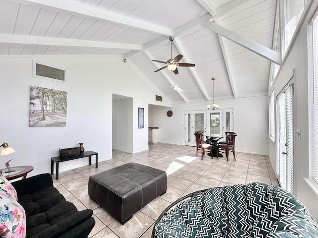 15-240 N Puni Makai Loop, Pahoa, HI 96778 - living area featuring light tile patterned flooring, high vaulted ceiling, ceiling fan, a chandelier, and wooden ceiling with exposed beams