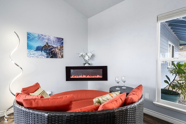 73-4100 Kulanui Pl, Kailua-Kona, HI 96740 - living area with wood finished floors, a glass covered fireplace, and baseboards