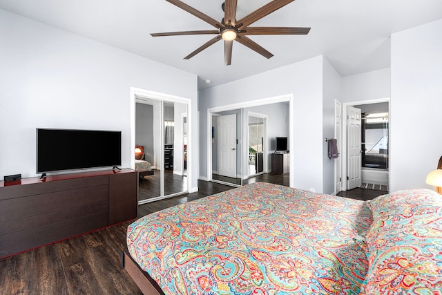 73-4100 Kulanui Pl, Kailua-Kona, HI 96740 - bedroom featuring wood finished floors, ceiling fan, baseboards, and connected bathroom