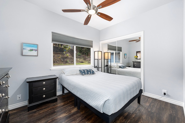 73-4100 Kulanui Pl, Kailua-Kona, HI 96740 - bedroom with baseboards, wood finished floors, a closet, and ceiling fan