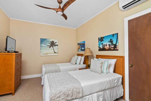 2253 Poipu Rd Unit 207, Koloa, HI 96756 - bedroom featuring a wall mounted AC, light colored carpet, crown molding, baseboards, and a ceiling fan