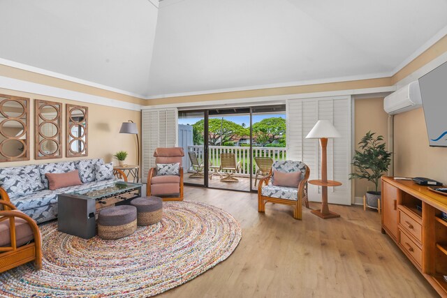 2253 Poipu Rd Unit 207, Koloa, HI 96756 - living room featuring high vaulted ceiling, light wood finished floors, and a wall mounted AC