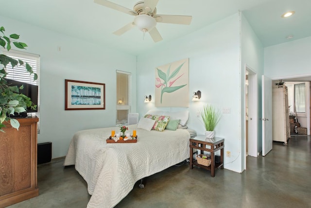 73-1125 Hamanamana St, Kailua-Kona, HI 96740 - bedroom featuring finished concrete floors, recessed lighting, and ceiling fan