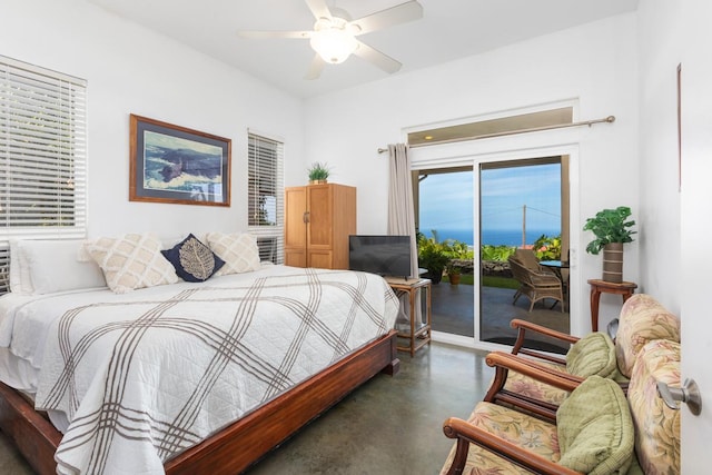 73-1125 Hamanamana St, Kailua-Kona, HI 96740 - bedroom with finished concrete flooring, access to outside, and ceiling fan