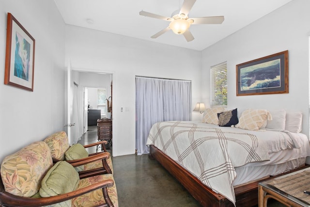 73-1125 Hamanamana St, Kailua-Kona, HI 96740 - bedroom featuring concrete flooring, multiple windows, and a ceiling fan