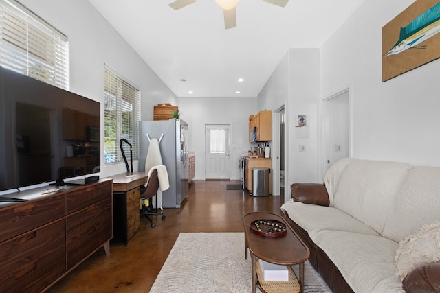 73-1125 Hamanamana St, Kailua-Kona, HI 96740 - living room featuring finished concrete flooring, ceiling fan, a desk, and recessed lighting