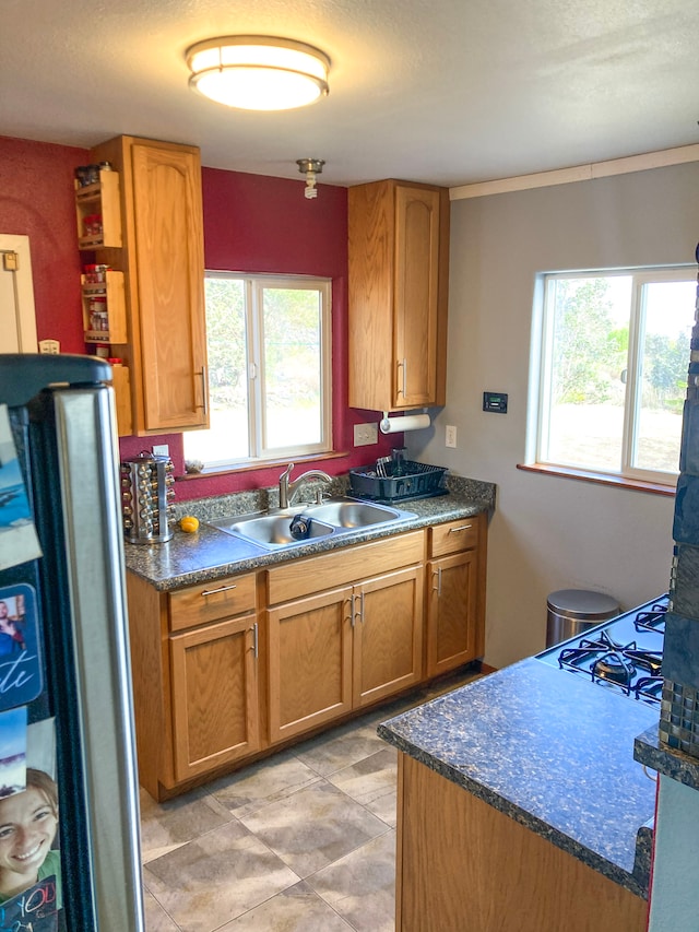 92-8744 Trade Wind Blvd, Ocean View, HI 96737 - kitchen with a sink, freestanding refrigerator, dark countertops, stovetop, and brown cabinetry
