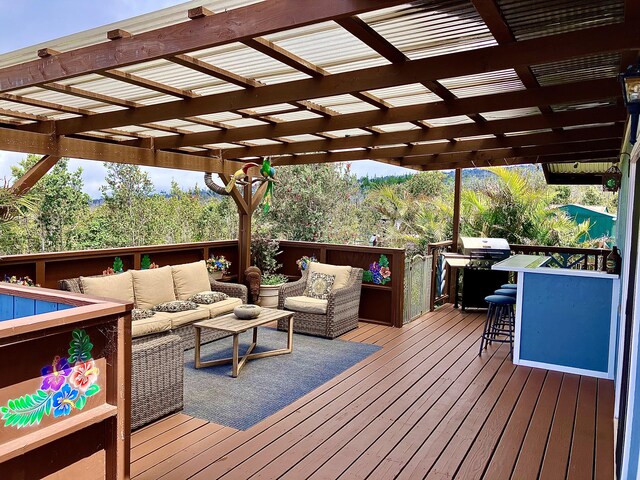 92-8744 Trade Wind Blvd, Ocean View, HI 96737 - wooden terrace with an outdoor living space, a grill, and a pergola