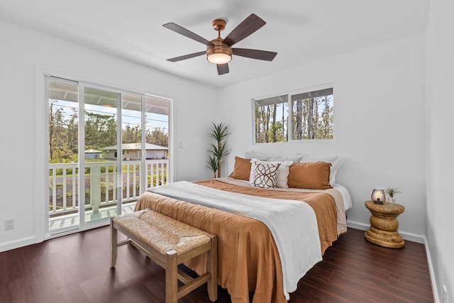 16-2097 Azure Dr, Pahoa, HI 96778 - bedroom featuring access to outside, dark wood-style flooring, baseboards, and a ceiling fan