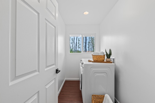 16-2097 Azure Dr, Pahoa, HI 96778 - laundry area with washer and dryer, baseboards, dark wood-style floors, and recessed lighting