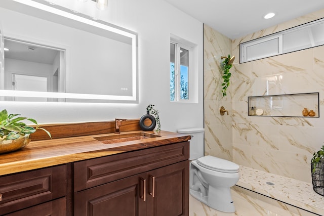 16-2097 Azure Dr, Pahoa, HI 96778 - full bathroom featuring toilet, vanity, a marble finish shower, and recessed lighting