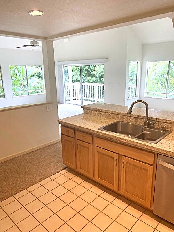 1831 Poipu Rd Unit 324, Koloa, HI 96756 - kitchen featuring dishwasher, a sink, plenty of natural light, light colored carpet, and recessed lighting