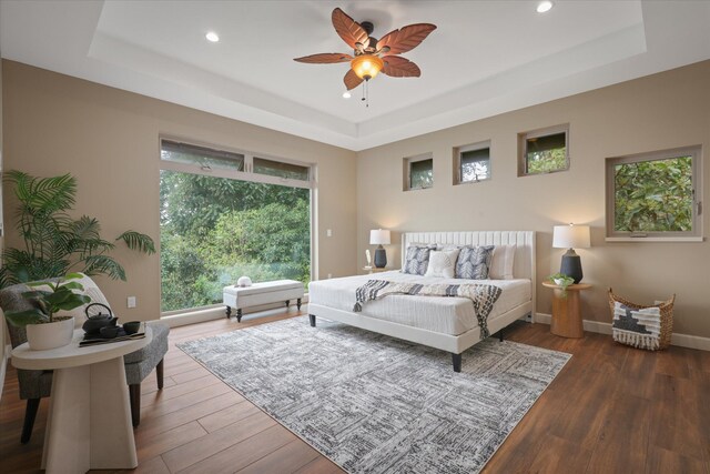 75-2620 Keopu Lani Rd, Holualoa, HI 96725 - bedroom with a raised ceiling, recessed lighting, dark wood-style floors, baseboards, and a ceiling fan