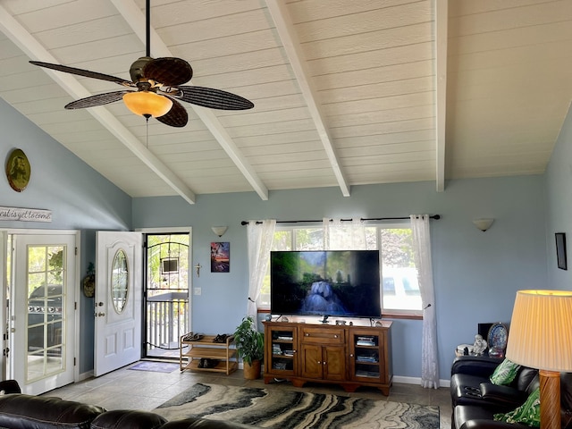 92-8414 Bamboo Ln, Ocean View, HI 96737 - tiled living area with a ceiling fan, baseboards, and wooden ceiling