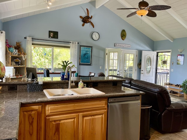 92-8414 Bamboo Ln, Ocean View, HI 96737 - kitchen with a sink, dishwasher, open floor plan, dark countertops, and ceiling fan