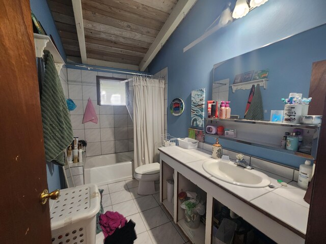 88-1501 Ala Malino Rd, Captain Cook, HI 96704 - bathroom with wood ceiling, tile patterned flooring, vanity, toilet, and shower / bath combo