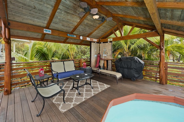 12-160 Moanauli Loop, Pahoa, HI 96778 - deck featuring area for grilling, a ceiling fan, outdoor lounge area, and a gazebo