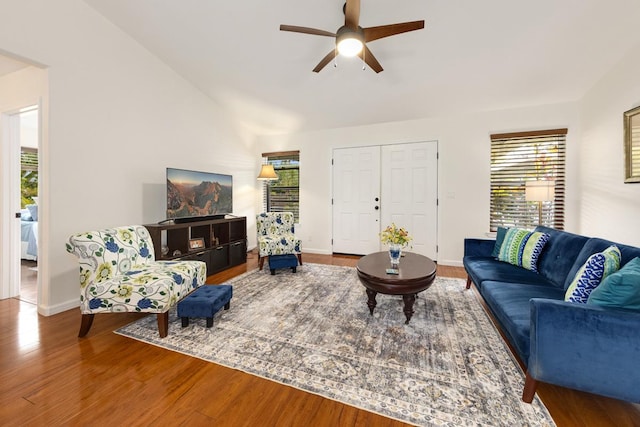 12-160 Moanauli Loop, Pahoa, HI 96778 - living room with a ceiling fan, wood finished floors, and baseboards