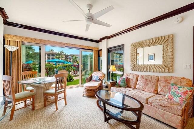 4-820 Kuhio Hwy Unit A101, Kapaa, HI 96746 - living room featuring ceiling fan and ornamental molding