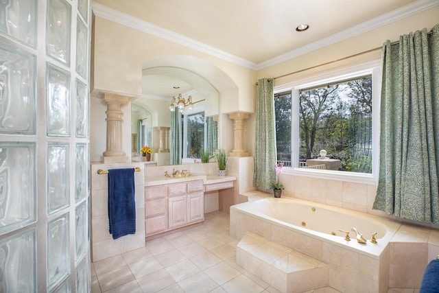 71-1714 Puu Napoo Dr, Kailua-Kona, HI 96740 - full bathroom featuring vanity, a whirlpool tub, crown molding, tile patterned floors, and decorative columns