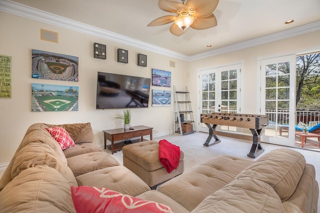 71-1714 Puu Napoo Dr, Kailua-Kona, HI 96740 - carpeted living room with a ceiling fan, french doors, baseboards, ornamental molding, and recessed lighting
