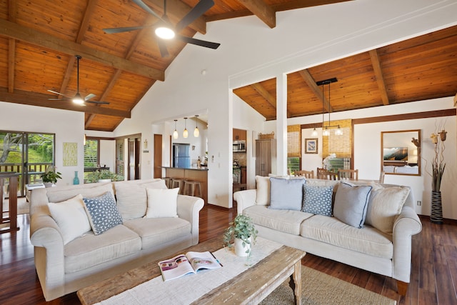 1870 Hoone Rd Unit 600, Koloa, HI 96756 - living room featuring ceiling fan, wooden ceiling with exposed beams, dark wood-style flooring, high vaulted ceiling, and baseboards