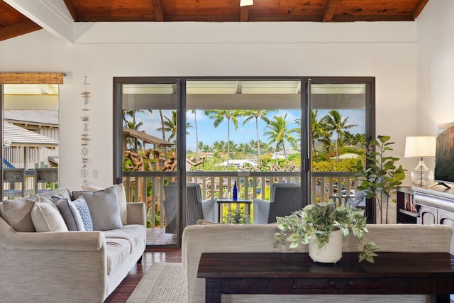 1870 Hoone Rd Unit 600, Koloa, HI 96756 - living room with wood finished floors and wood ceiling with exposed beams