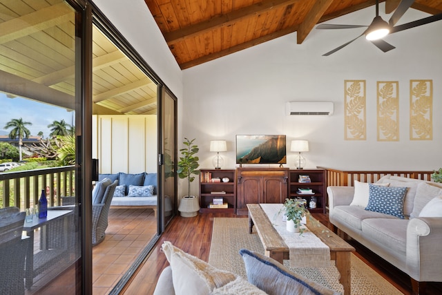 1870 Hoone Rd Unit 600, Koloa, HI 96756 - living area featuring ceiling fan, a wall unit AC, wood ceiling, and wood finished floors