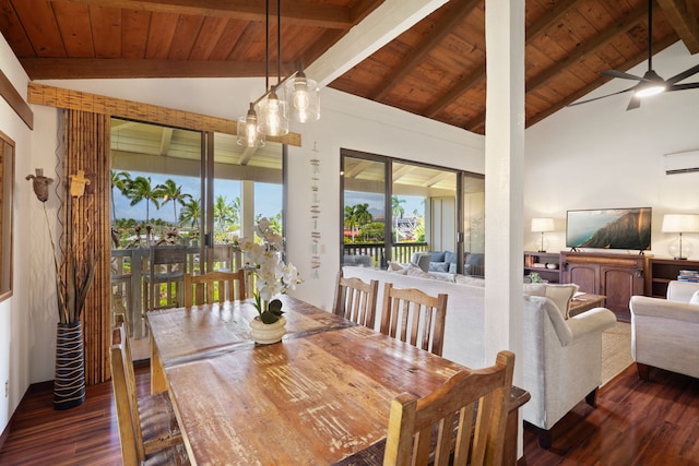 1870 Hoone Rd Unit 600, Koloa, HI 96756 - dining space with wood finished floors, wooden ceiling, a ceiling fan, and a wall mounted air conditioner